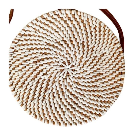 Round White Rattan Crossbody Bag With Triple Pom Charm - Picture 4 of 7
